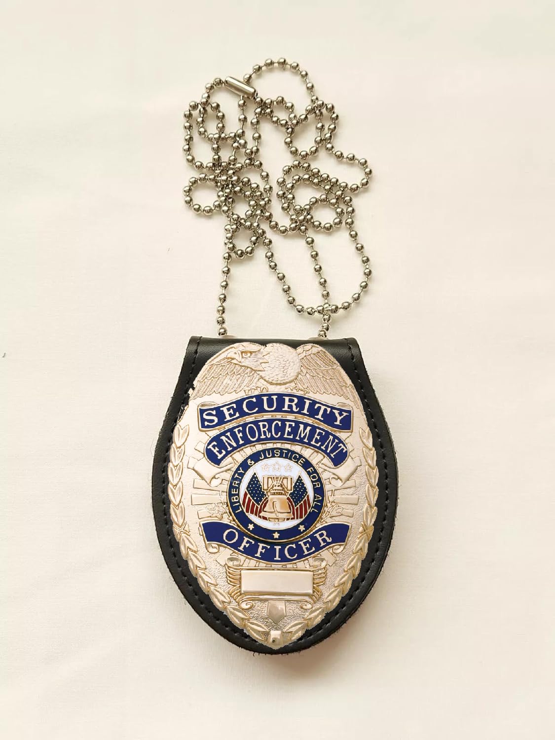 Security Gear Universal Police Badge & Holder – Oval Security Guard Badge & Leather Case with Steel Belt Clip, Hook & Loop Closure, and Stainless Steel Bead Chain- Uniform Security Guard