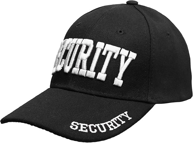 Security Gear Security Hat Baseball Cap - Embroidered Front, Bill & Back - Adjustable Size - Gold or White Security Front