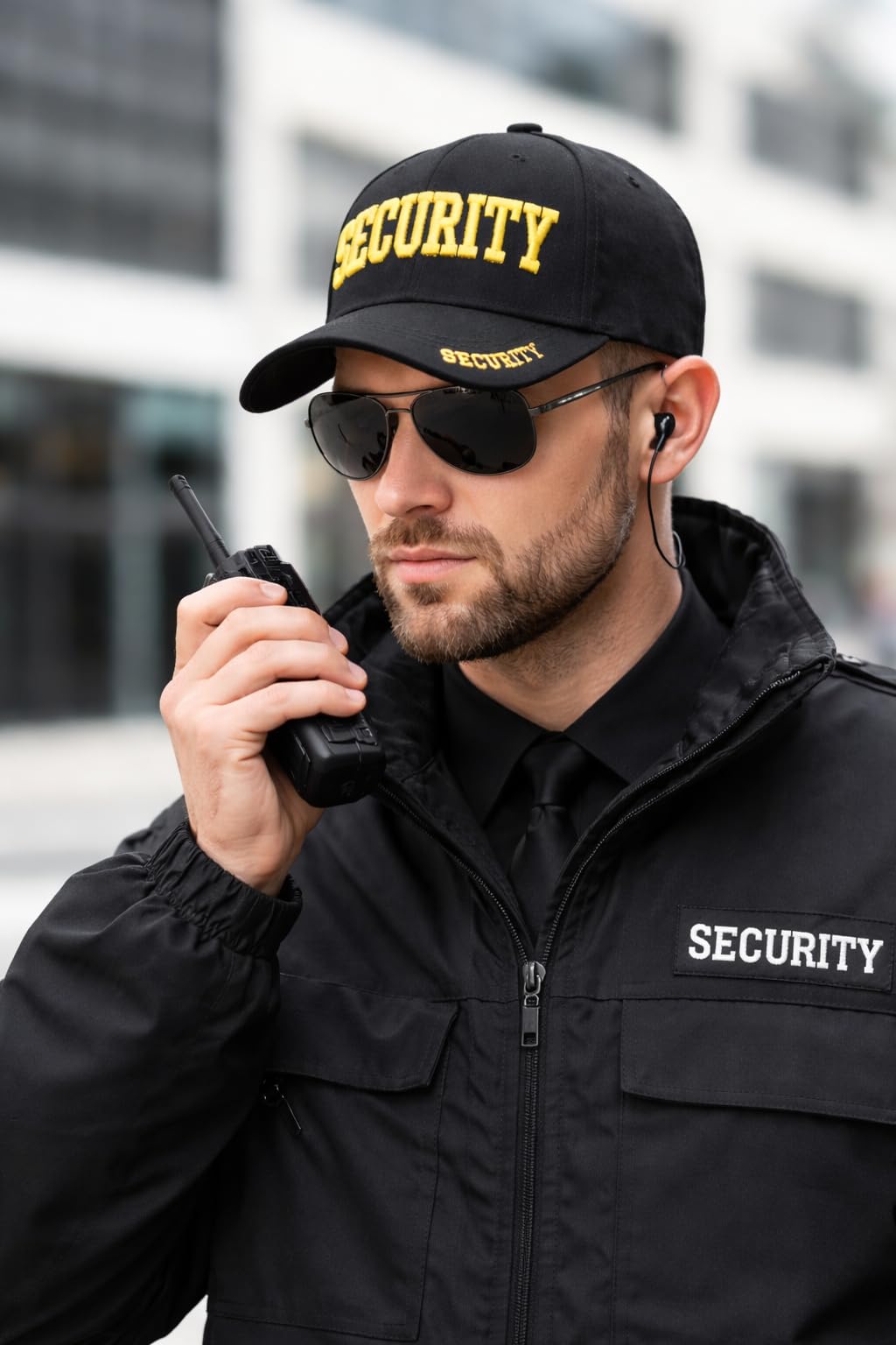 Security Gear Security Hat Baseball Cap - Embroidered Front, Bill & Back - Adjustable Size - Gold or White Security Front