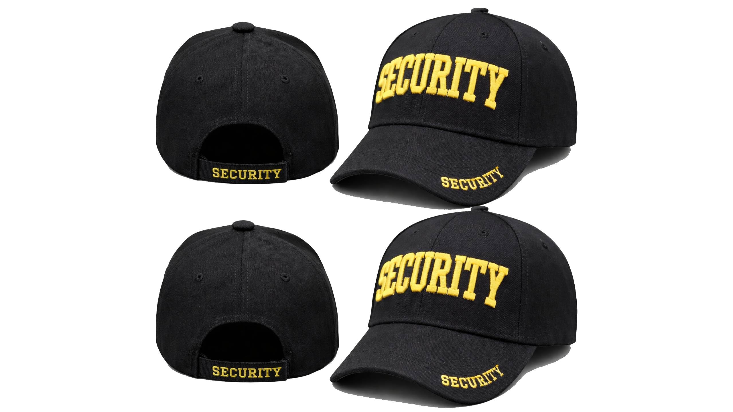 Security Gear Security Hat Baseball Cap - Embroidered Front, Bill & Back - Adjustable Size - Gold or White Security Front