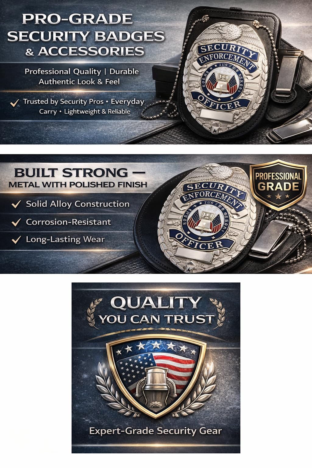Security Gear Universal Police Badge & Holder – Oval Security Guard Badge & Leather Case with Steel Belt Clip, Hook & Loop Closure, and Stainless Steel Bead Chain- Uniform Security Guard