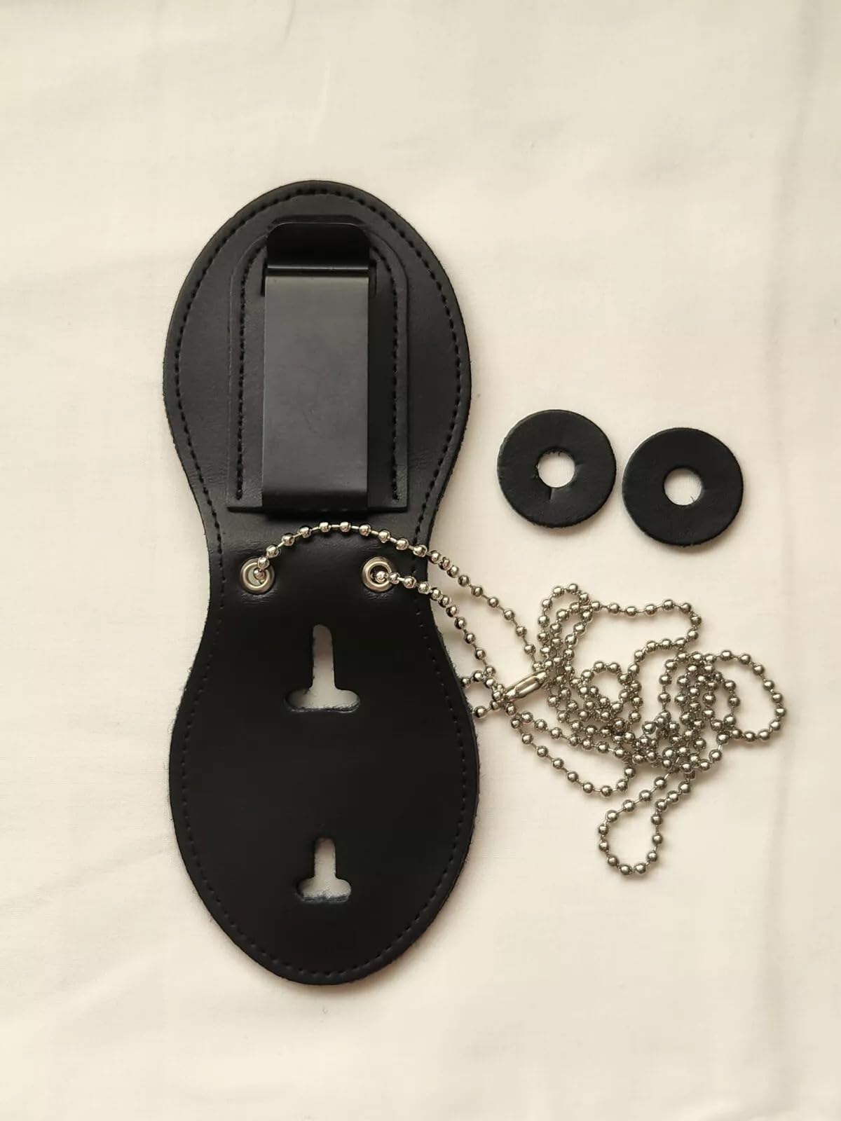 Security Gear Universal Police Badge & Holder – Oval Security Guard Badge & Leather Case with Steel Belt Clip, Hook & Loop Closure, and Stainless Steel Bead Chain- Uniform Security Guard