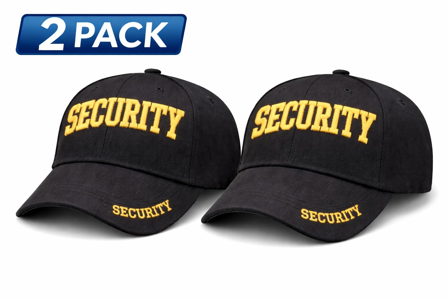 Security Gear Security Hat Baseball Cap - Embroidered Front, Bill & Back - Adjustable Size - Gold or White Security Front