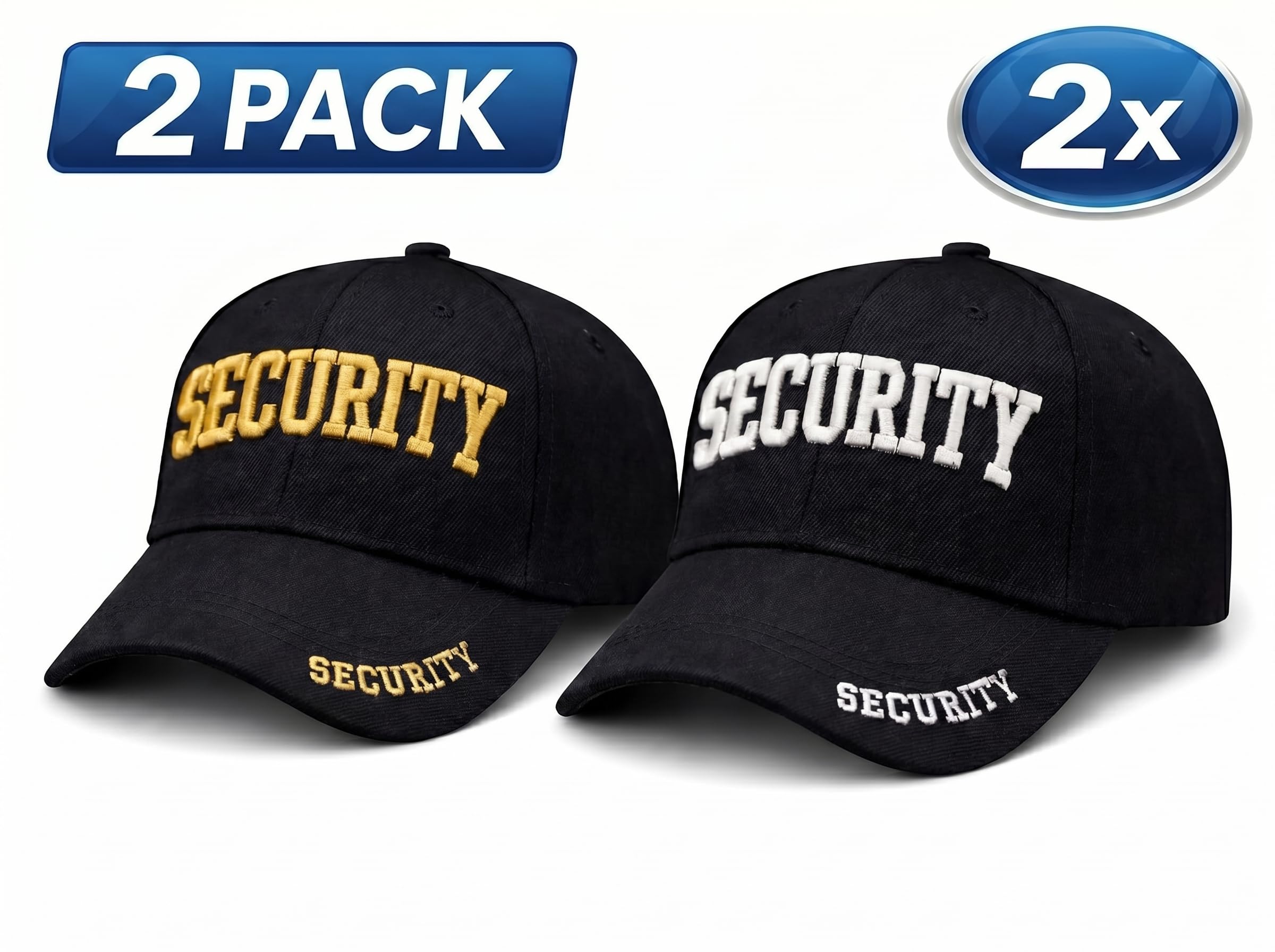 Security Gear Security Hat Baseball Cap - Embroidered Front, Bill & Back - Adjustable Size - Gold or White Security Front