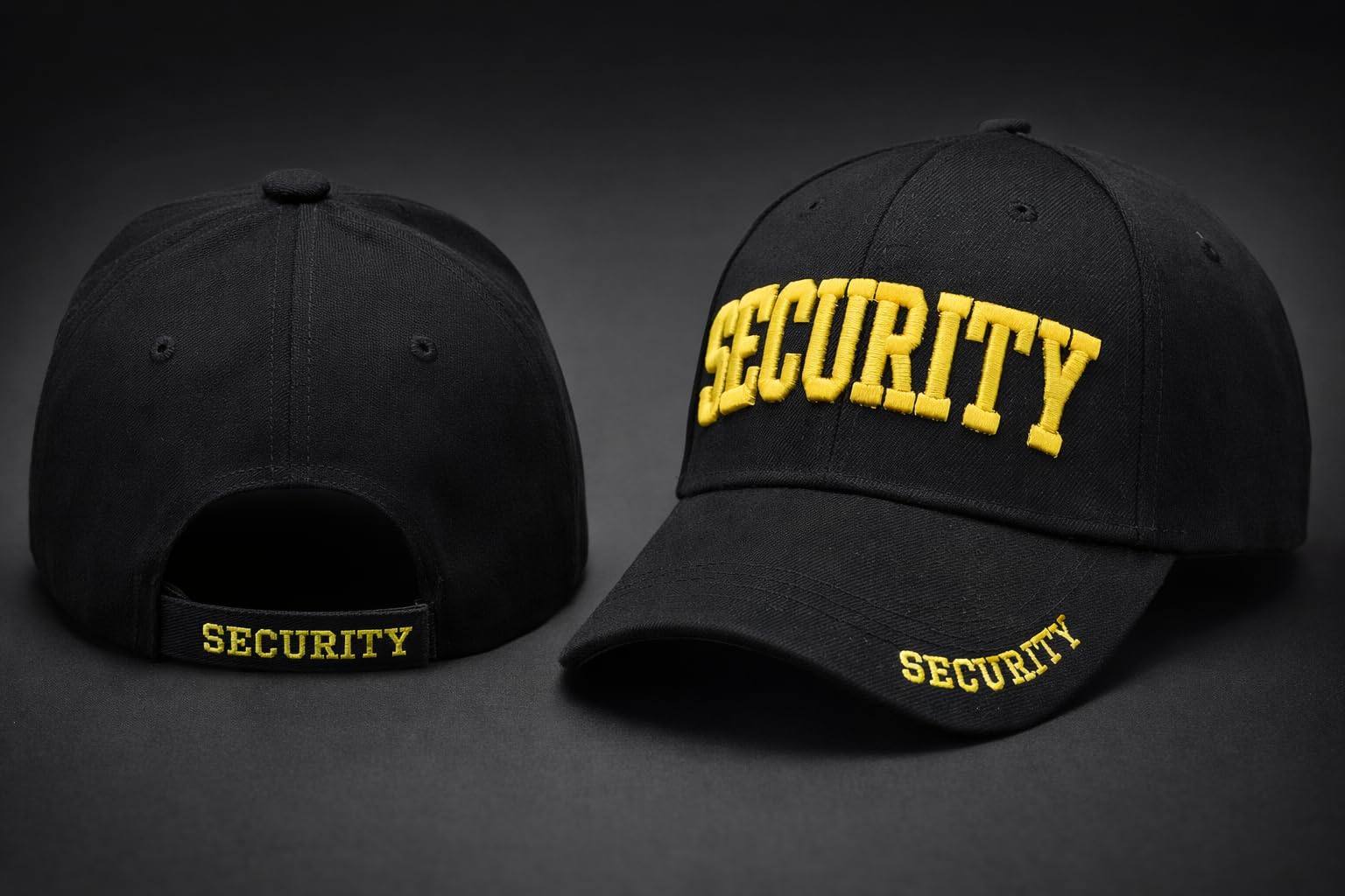 Security Gear Security Hat Baseball Cap - Embroidered Front, Bill & Back - Adjustable Size - Gold or White Security Front