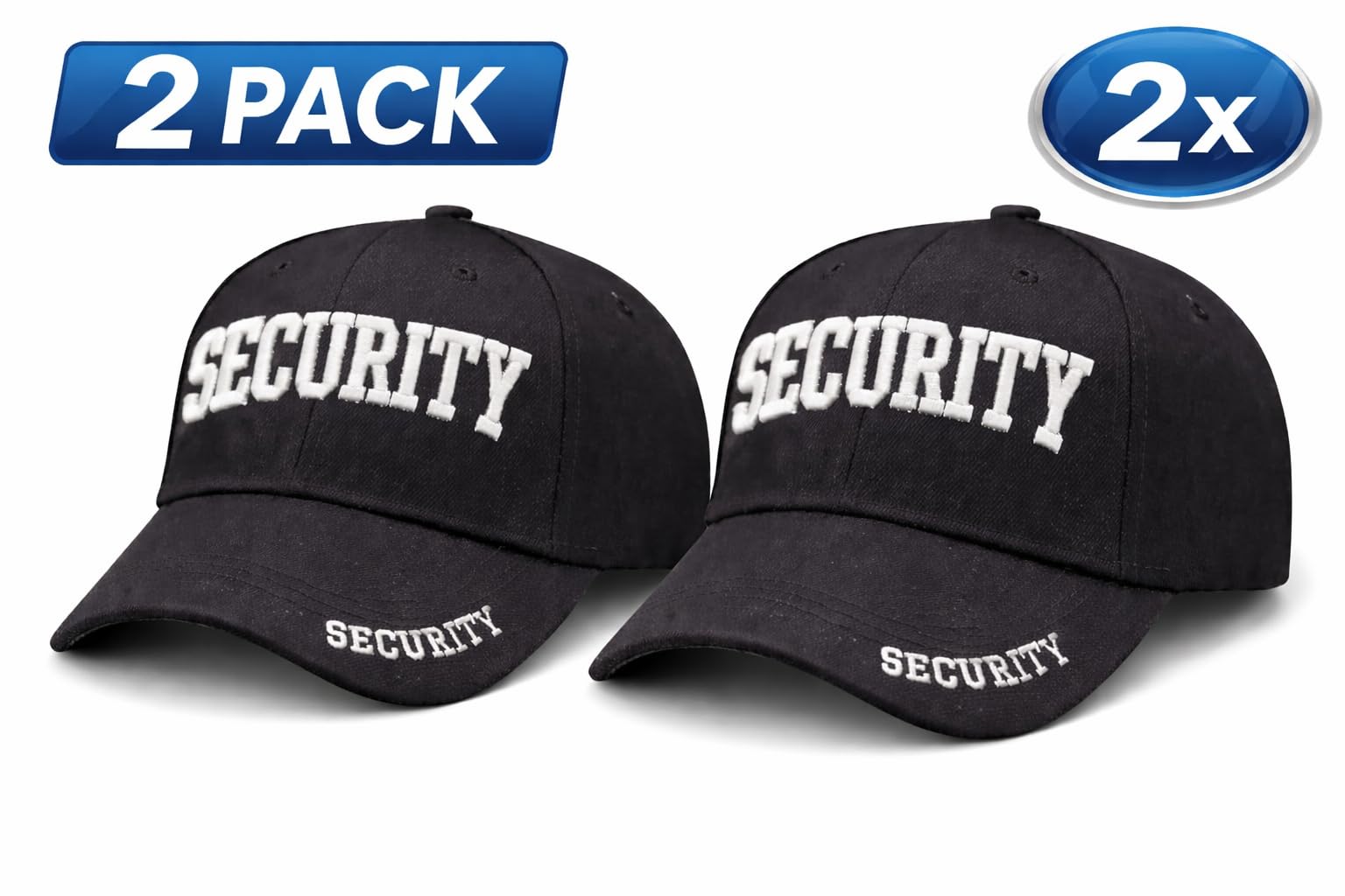 Security Gear Security Hat Baseball Cap - Embroidered Front, Bill & Back - Adjustable Size - Gold or White Security Front
