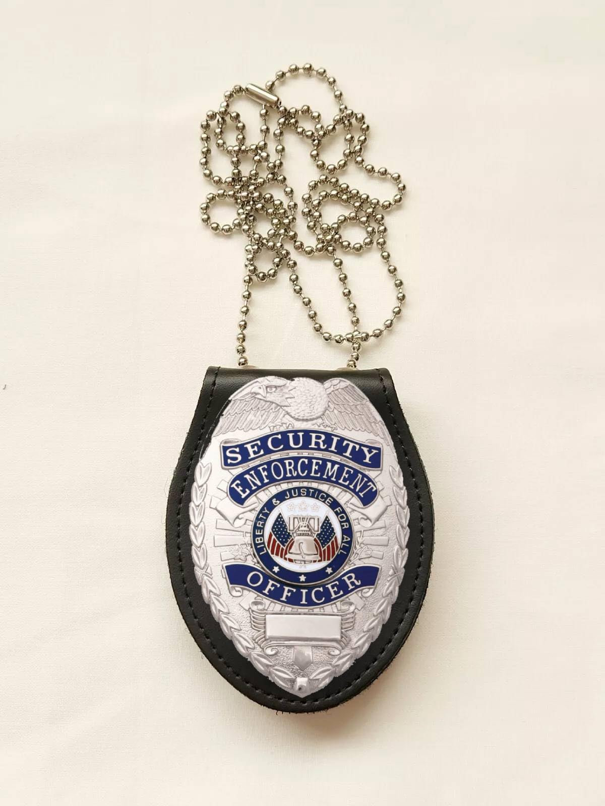 Security Gear Universal Police Badge & Holder – Oval Security Guard Badge & Leather Case with Steel Belt Clip, Hook & Loop Closure, and Stainless Steel Bead Chain- Uniform Security Guard