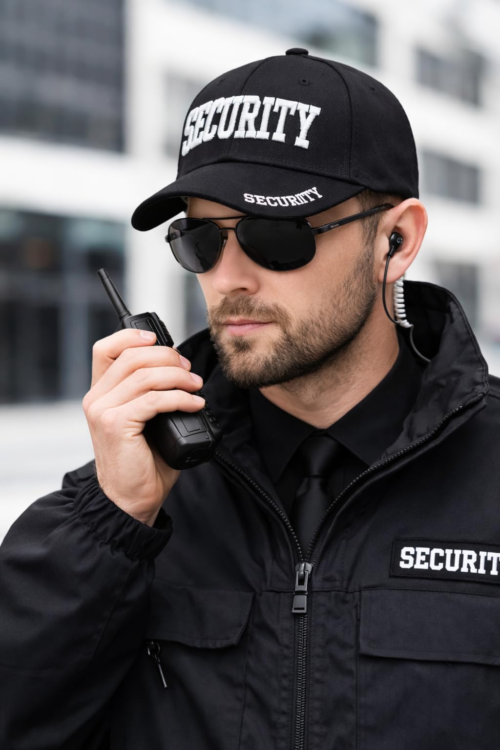 Security Gear Security Hat Baseball Cap - Embroidered Front, Bill & Back - Adjustable Size - Gold or White Security Front
