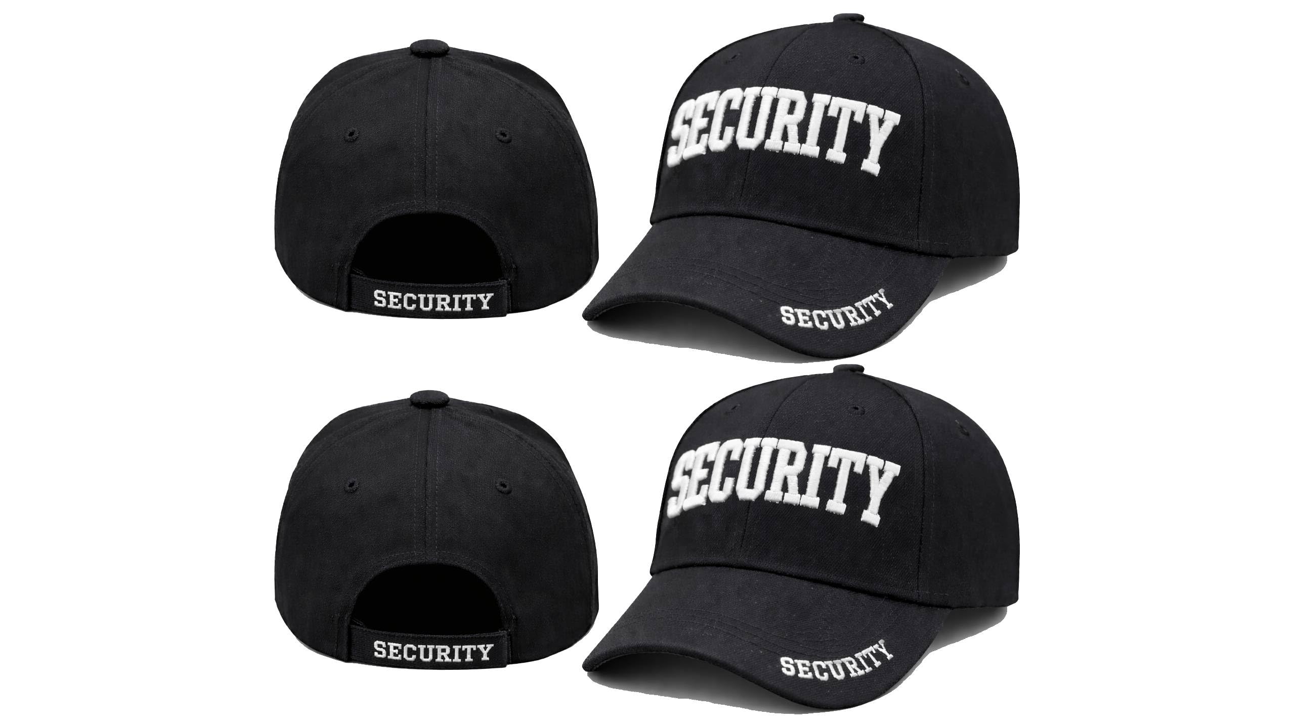 Security Gear Security Hat Baseball Cap - Embroidered Front, Bill & Back - Adjustable Size - Gold or White Security Front
