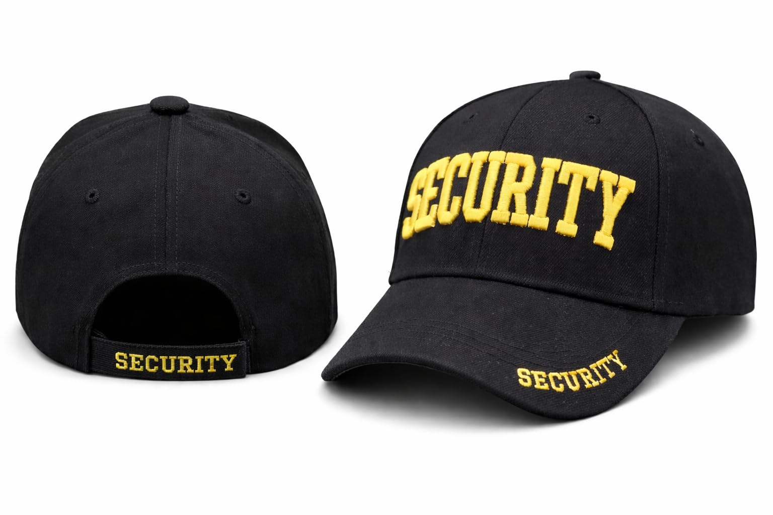 Security Gear Security Hat Baseball Cap - Embroidered Front, Bill & Back - Adjustable Size - Gold or White Security Front