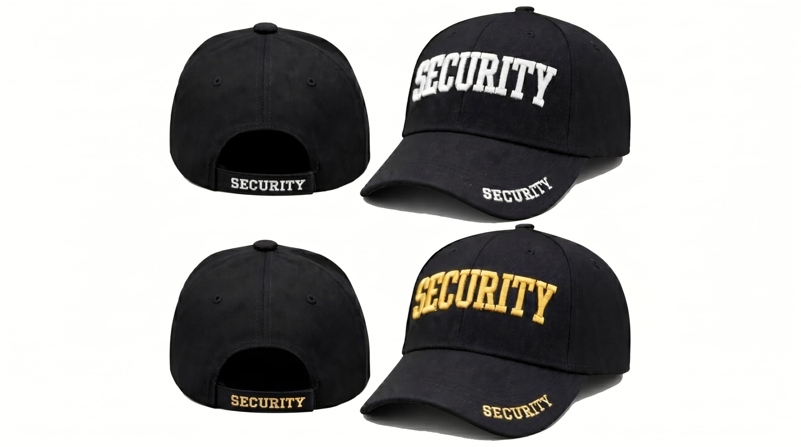 Security Gear Security Hat Baseball Cap - Embroidered Front, Bill & Back - Adjustable Size - Gold or White Security Front