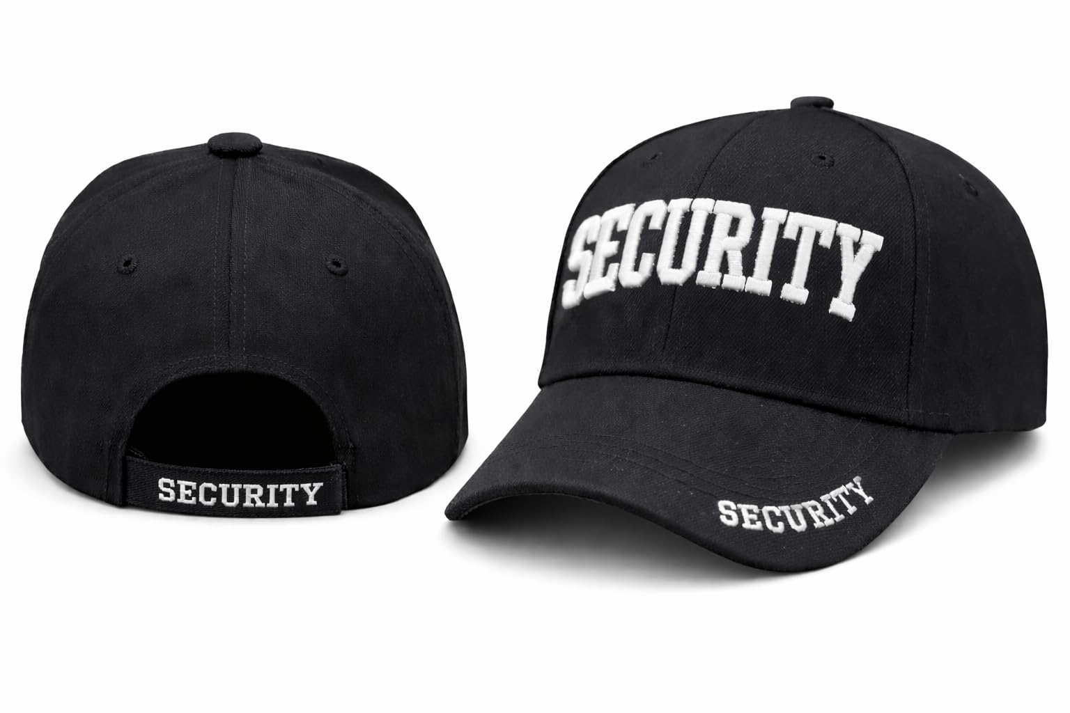 Security Gear Security Hat Baseball Cap - Embroidered Front, Bill & Back - Adjustable Size - Gold or White Security Front