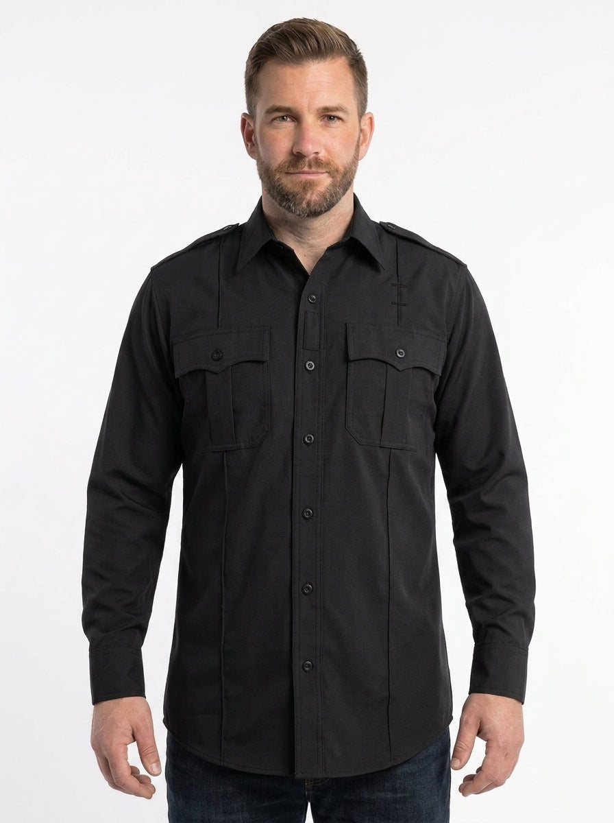 Men’s Long Sleeve Duty Uniform Shirt – 4-Pocket Professional Work Shirt with Concealed Zipper & Ventilated Underarms