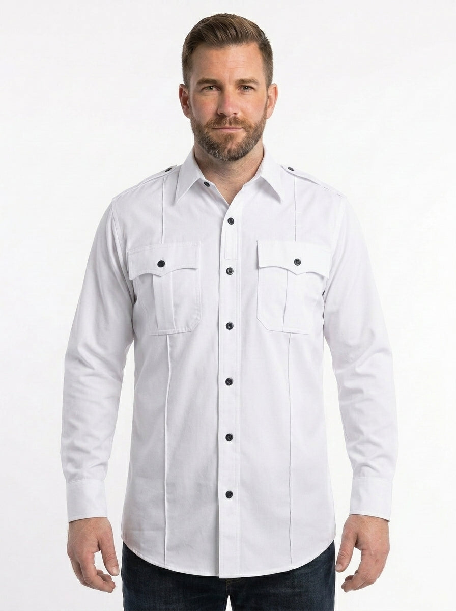 Men’s Long Sleeve Duty Uniform Shirt – 4-Pocket Professional Work Shirt with Concealed Zipper & Ventilated Underarms