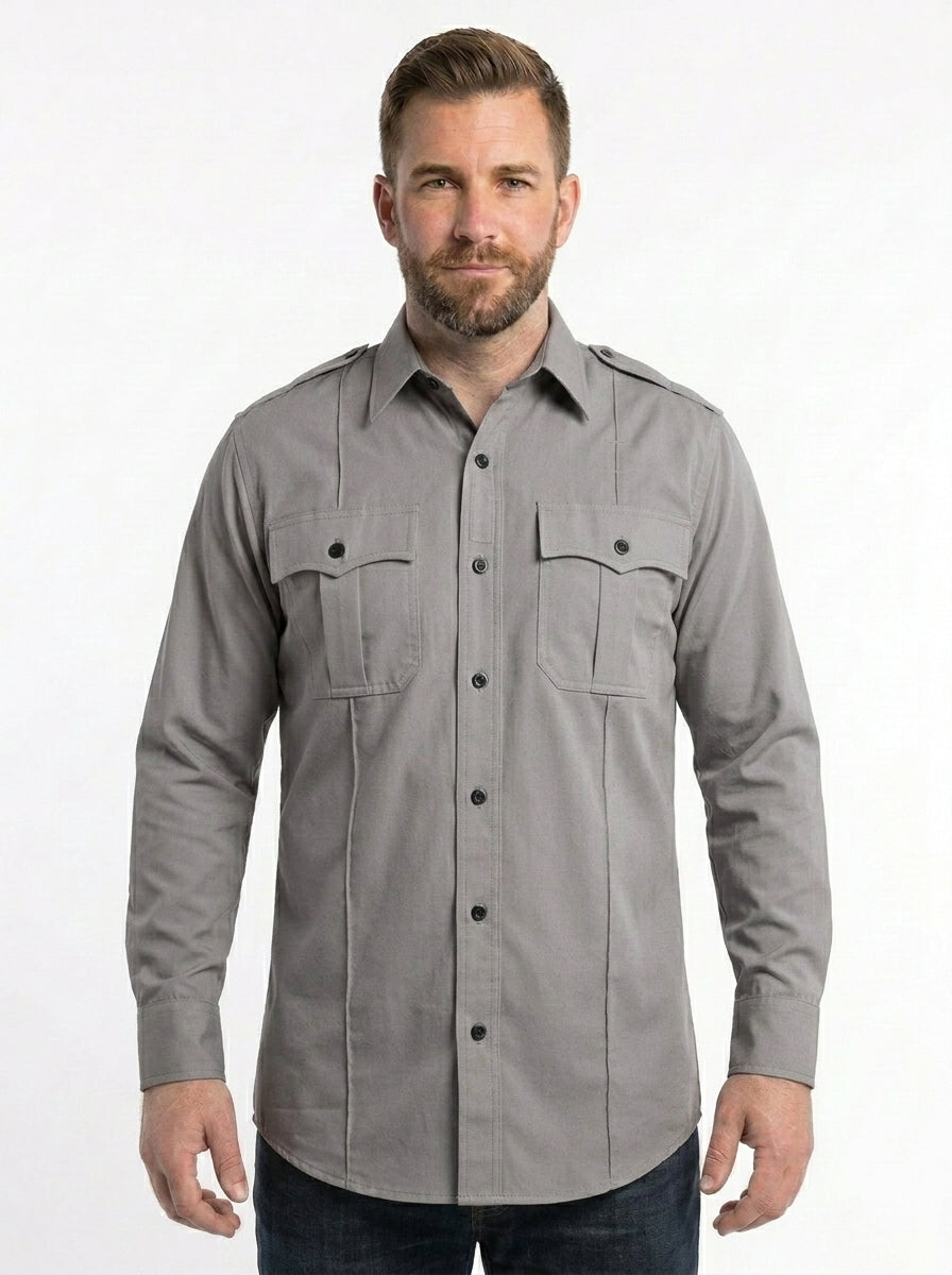 Men’s Long Sleeve Duty Uniform Shirt – 4-Pocket Professional Work Shirt with Concealed Zipper & Ventilated Underarms